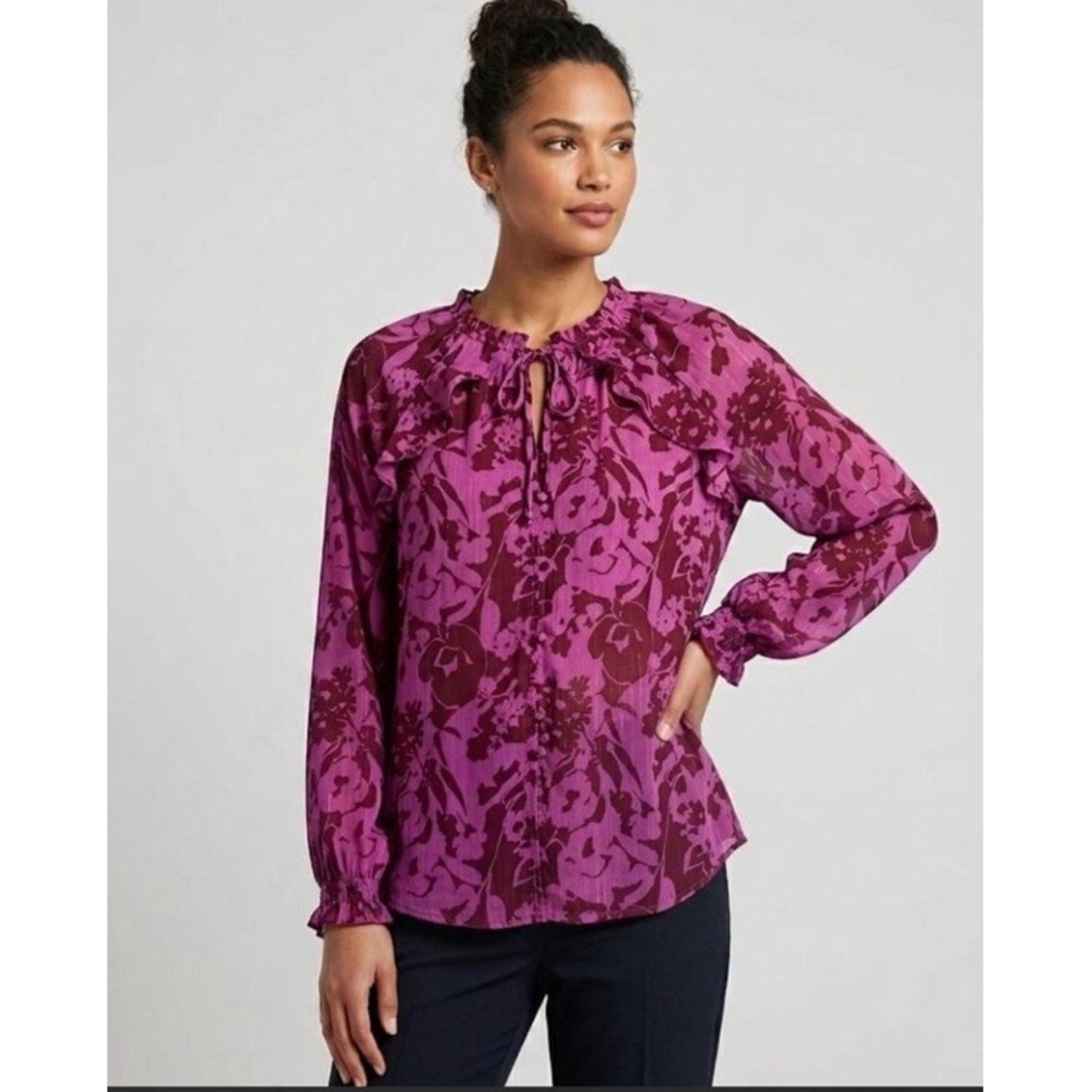 Denim & Co. V-Neck Floral 3/4 Sleeve Casual Top Womans 3X Pink Purple